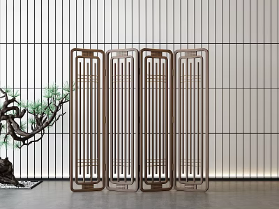 Modern Wooden Room Divider With Vertical Slat Design And Pine Plant Against Grid Wall 3d model
