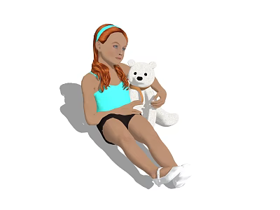 Young Girl With Red Hair And Green Headband Holding White Teddy Bear Sitting On Floor 3d model