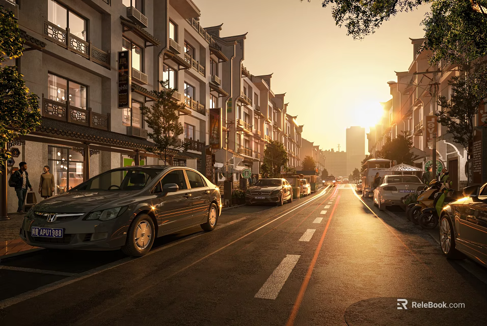 Charming Commercial Street With Multi Story Shops Parked Cars Trees And Sunset Glow 3d model 
