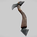 Tool Axe With Shiny Metal Head Dark Curved Wooden Handle And Metal Tip