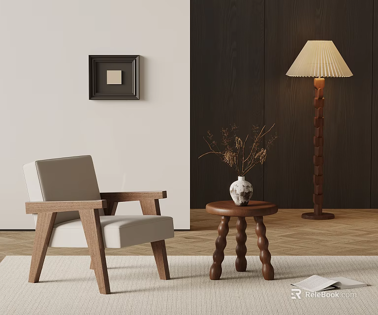 Modern Living Room Interior With Armchair Wooden Side Table Floor Lamp And Vase 3d model 