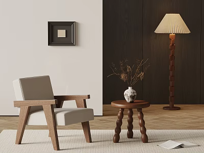 Modern Living Room Interior With Armchair Wooden Side Table Floor Lamp And Vase 3d model