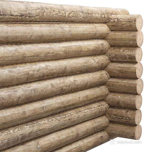 Natural Rustic Stacked Log Wooden Wall With Authentic Wood Texture For Home Exterior 3d model 