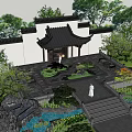 Traditional Chinese Garden Landscape With Pavilion Lotus Pond Stone Steps And Greenery
