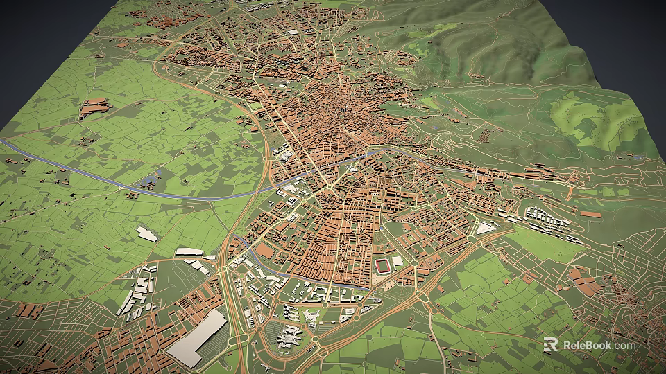 3D City Model with Green Areas River Roads and Building Complex 3d model