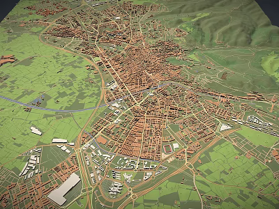 3D City Model with Green Areas River Roads and Building Complex 3d model