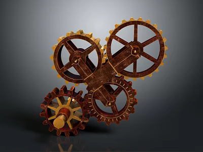 Three Brown And Yellow Rusty Interlocking Gears With Complex Structure 3d model