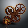 Three Brown And Yellow Rusty Interlocking Gears With Complex Structure
