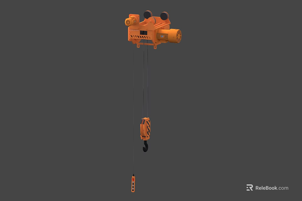 Orange Industrial Electric Hoist With Steel Cable Hook And Control Unit 3d model 