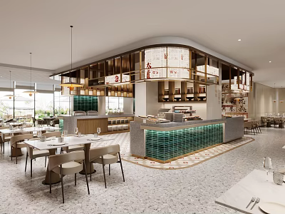 Modern Restaurant Interior With Green Tile Counter Wooden Decor And Hanging Lights 3d model