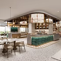 Modern Restaurant Interior With Green Tile Counter Wooden Decor And Hanging Lights
