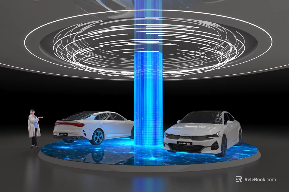 Modern Car Display Platform With Illuminated Blue Pillar Circular Light Effects And White Vehicles 3d model 