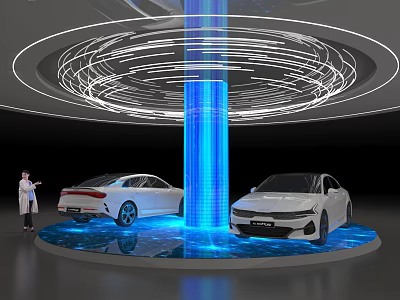 Modern Car Display Platform With Illuminated Blue Pillar Circular Light Effects And White Vehicles 3d model