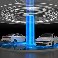 Modern Car Display Platform With Illuminated Blue Pillar Circular Light Effects And White Vehicles