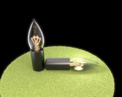 Two Black Base Light Bulbs Upright And Tilted On Green Circular Surface 3d model