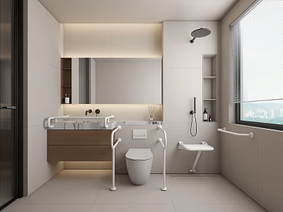 Modern Bathroom Interior Design With Grab Bars Toilet Sink And Shower 3d model