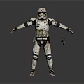 Weathered Armored Character in White Red Marked Armor Holding Small Robot Creature