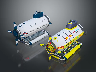 Two Modern Underwater Water Vehicles With Propellers And White Blue Yellow LED Design 3d model