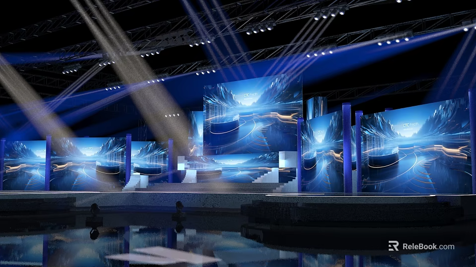 Modern Ballroom Interior With Blue Stage Lights And Spacious Dance Floor 3d model 