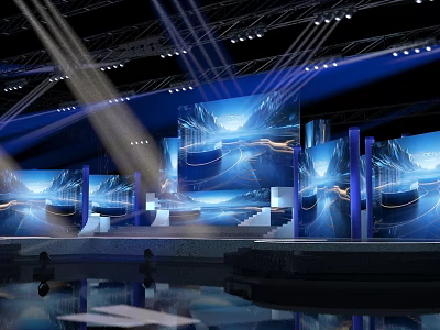 Modern Ballroom Interior With Blue Stage Lights And Spacious Dance Floor 3d model