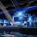 Modern Ballroom Interior With Blue Stage Lights And Spacious Dance Floor