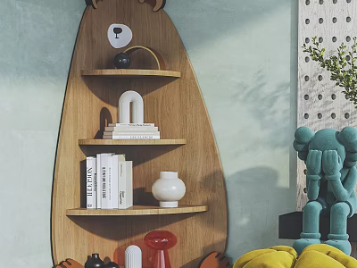 Wooden Multi Tiered Shelf with Books Vase and Decorative Items for Modern Home Decor 3d model