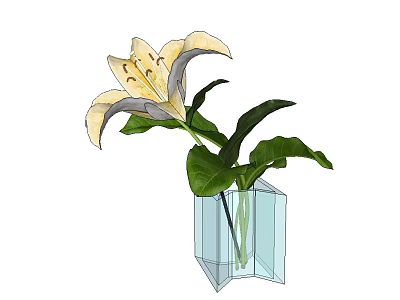 Transparent Geometric Vase With Yellow White Lily Flower And Green Leaves 3d model