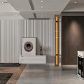 Modern Living Dining Room Interior With Circular Wall Clock Double Doors Marble Countertop And Bookshelf