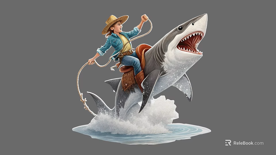 Cowboy Themed Game Character Riding Great White Shark With Splashing Water 3d model 