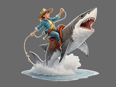Cowboy Themed Game Character Riding Great White Shark With Splashing Water 3d model