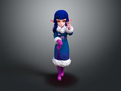 Blue Haired Elf Character In Blue Coat With White Fur Trim And Pink Shoes 3d model