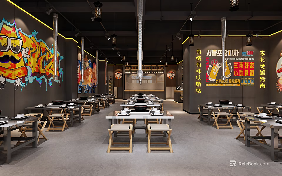 Industrial Style Restaurant Interior With Graffiti Walls Wooden Tables And Stools 3d model 