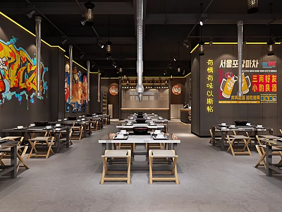 Industrial Style Restaurant Interior With Graffiti Walls Wooden Tables And Stools 3d model