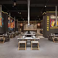 Industrial Style Restaurant Interior With Graffiti Walls Wooden Tables And Stools