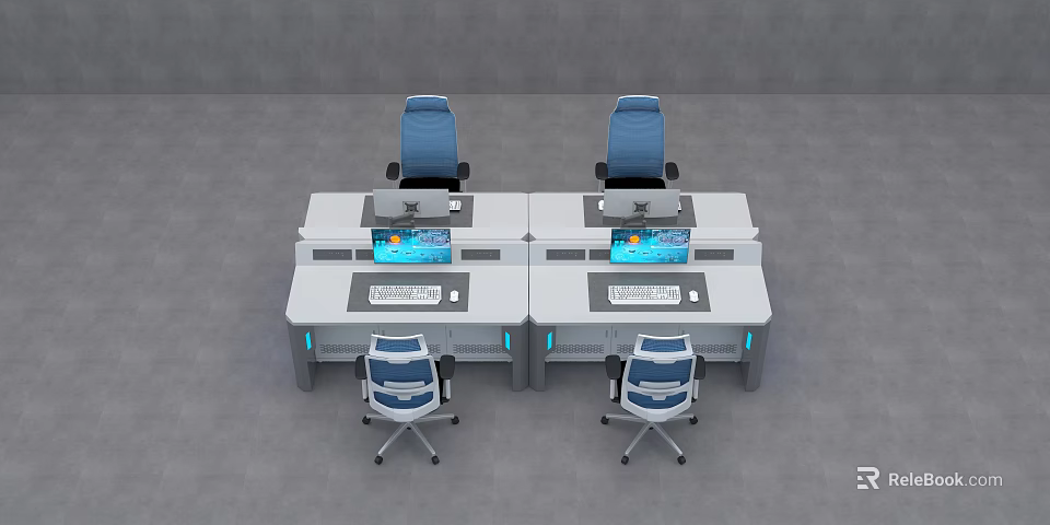 Modern Office Desk And Chair Set With Blue Seats And White Workstations 3d model 