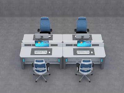 Modern Office Desk And Chair Set With Blue Seats And White Workstations 3d model