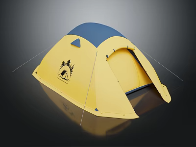 Durable Yellow and Blue Camping Tent with Mountain and Sun Logo for Outdoor Adventures 3d model