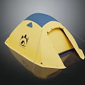 Durable Yellow and Blue Camping Tent with Mountain and Sun Logo for Outdoor Adventures