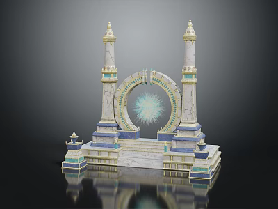 Cartoon Scene With Two Towers Circular Arch Golden Accents And Blue White Structure 3d model