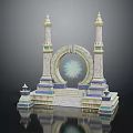 Cartoon Scene With Two Towers Circular Arch Golden Accents And Blue White Structure