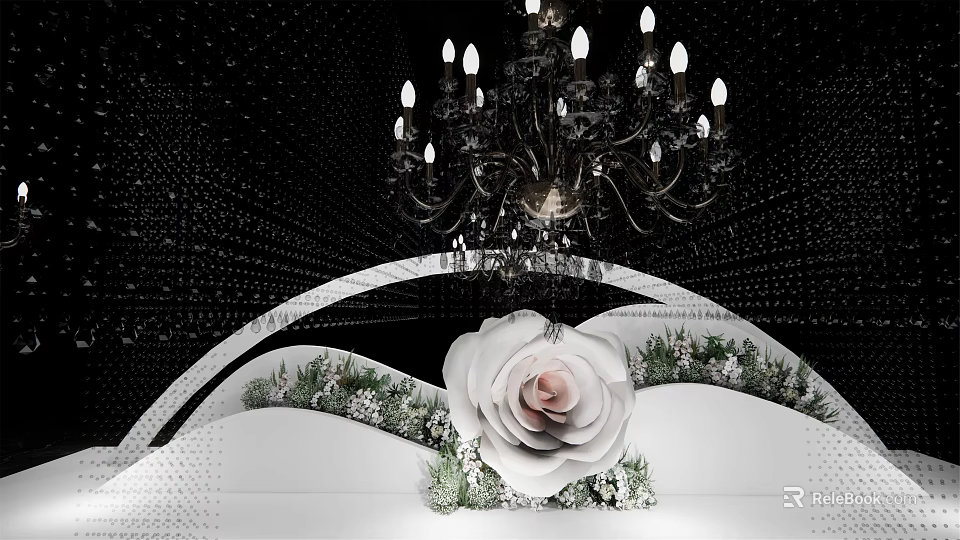 Elegant Stage Design With Black Backdrop Chandelier Arched Decoration Large White Rose And Greenery 3d model 