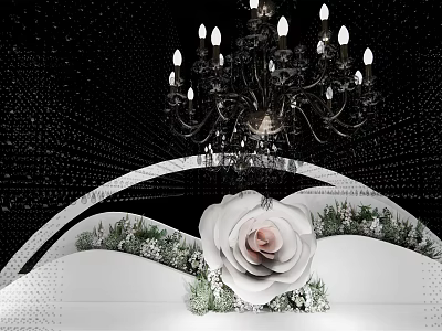 Elegant Stage Design With Black Backdrop Chandelier Arched Decoration Large White Rose And Greenery 3d model