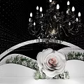 Elegant Stage Design With Black Backdrop Chandelier Arched Decoration Large White Rose And Greenery