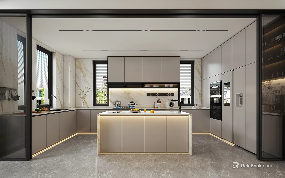 Modern Kitchen Interior Design With Island Counter Marble Countertop And Gray Cabinets 3d model 
