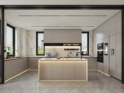 Modern Kitchen Interior Design With Island Counter Marble Countertop And Gray Cabinets 3d model