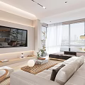 Modern Living and Dining Room With Open Concept Wooden Sofa Coffee Table Large Windows Plant