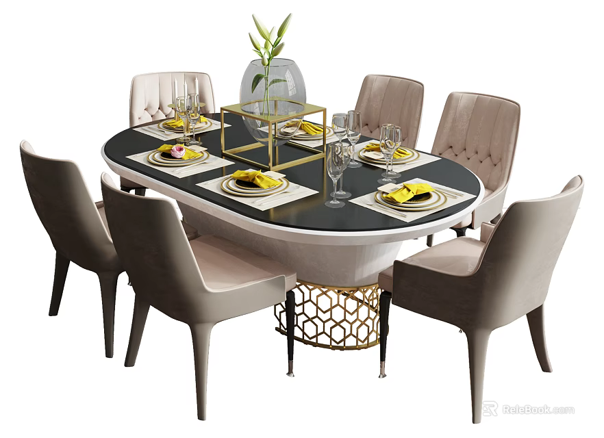 Black Dining Table Set With Light Grey Upholstered Chairs Yellow Placemats Glasses And Green Plant 3d model 