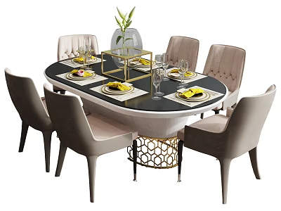 Black Dining Table Set With Light Grey Upholstered Chairs Yellow Placemats Glasses And Green Plant 3d model
