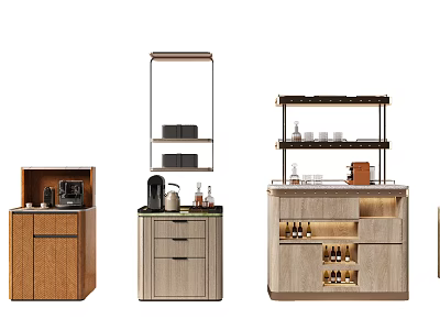 Modern Wooden Storage Cabinet Shelves with Drawers Metal Frames and Display Areas for Kitchen Organization 3d model