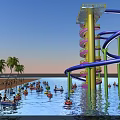 Water Park with Blue Yellow Slides Green Pillars People Enjoying Activities Near Palm Trees Beach